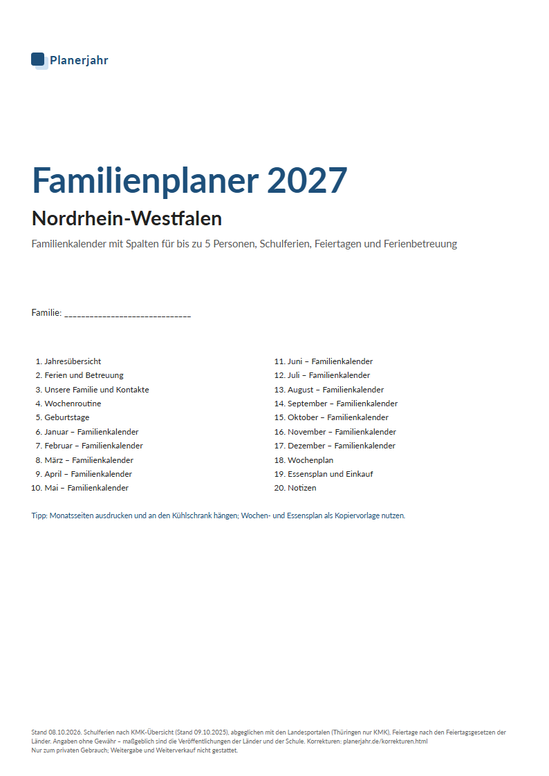 Vorschau Familienplaner 2027: Titelseite mit Inhaltsverzeichnis (Beispiel Nordrhein-Westfalen)