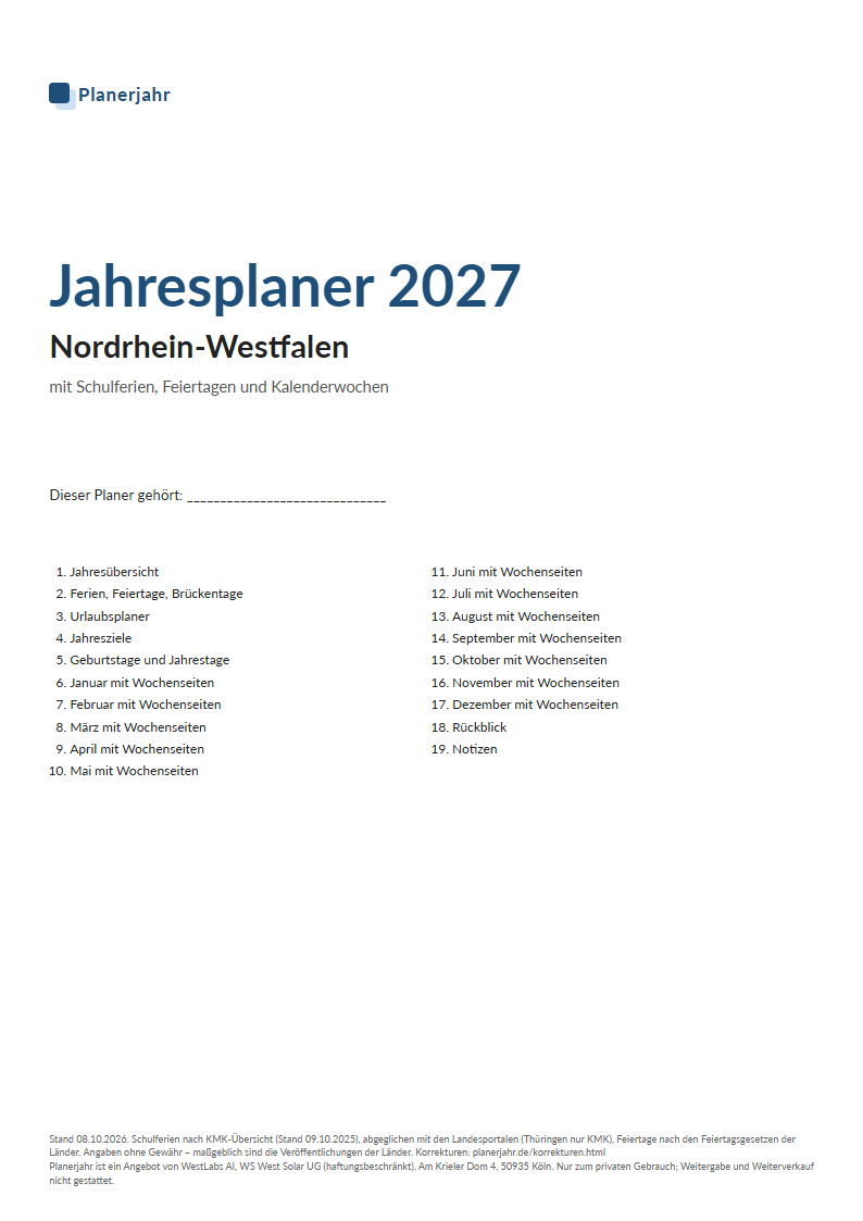 Vorschau Jahresplaner 2027: Titelseite mit Inhaltsverzeichnis (Beispiel Nordrhein-Westfalen)