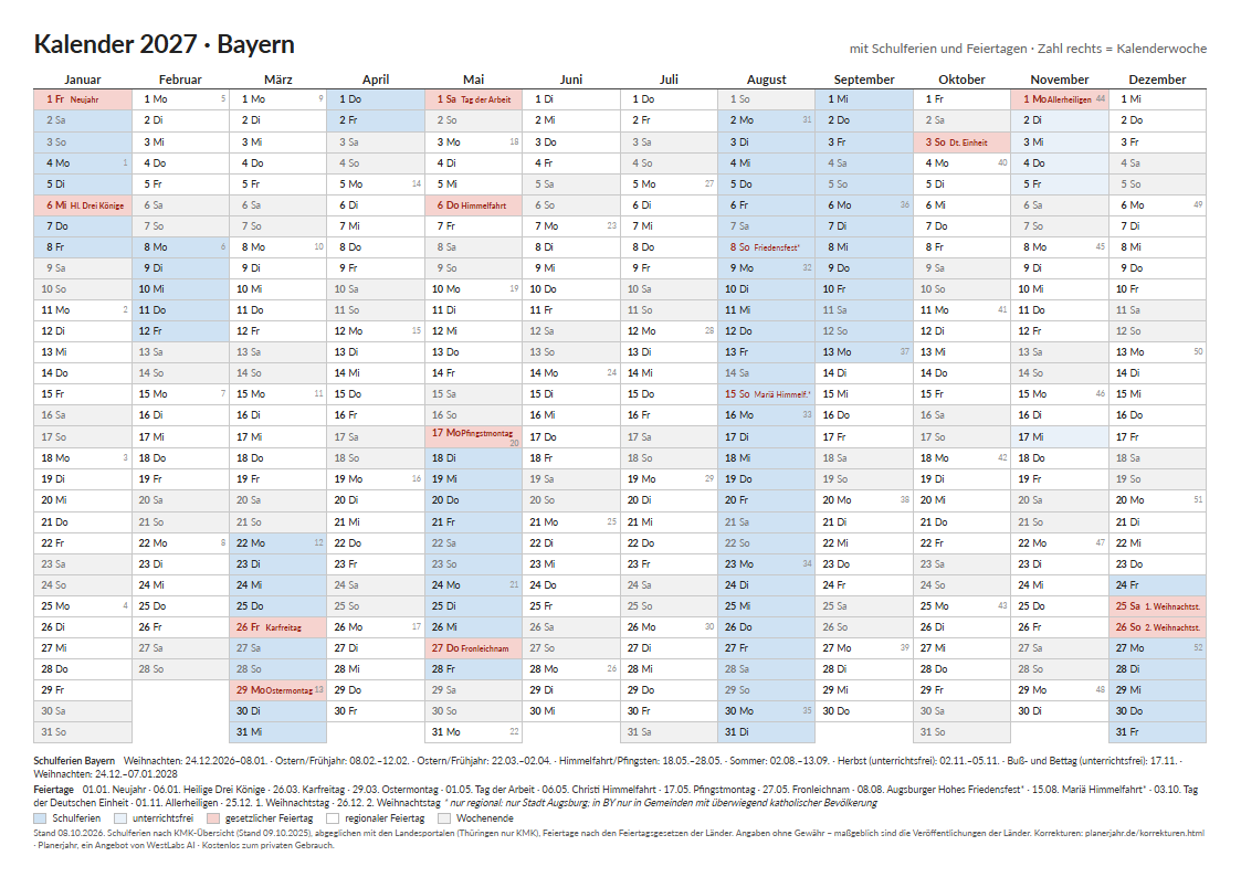 Vorschau: Kalender 2027 Bayern im Querformat mit farbig markierten Schulferien und Feiertagen