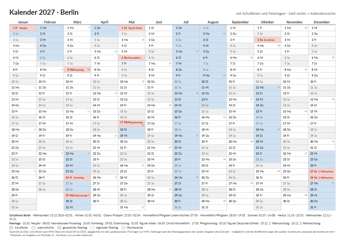 Vorschau: Kalender 2027 Berlin im Querformat mit farbig markierten Schulferien und Feiertagen