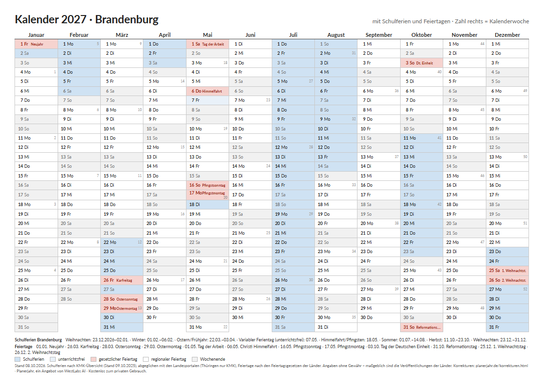 Vorschau: Kalender 2027 Brandenburg im Querformat mit farbig markierten Schulferien und Feiertagen
