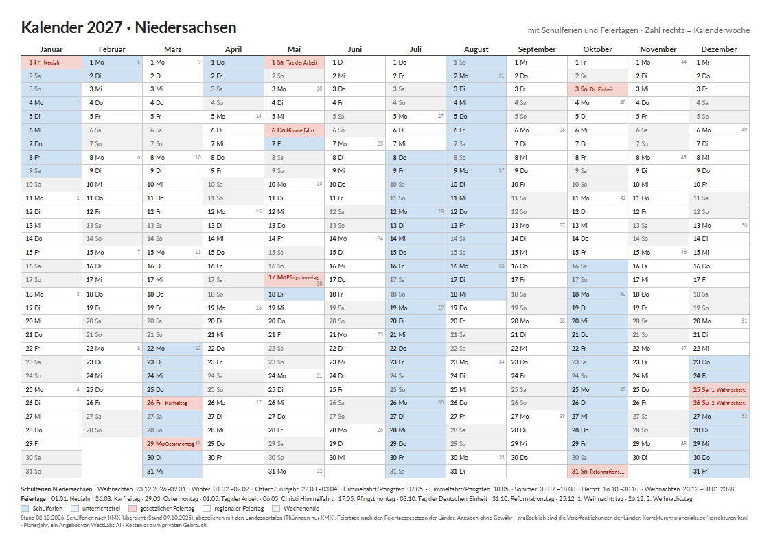 Vorschau: Kalender 2027 Niedersachsen im Querformat mit farbig markierten Schulferien und Feiertagen