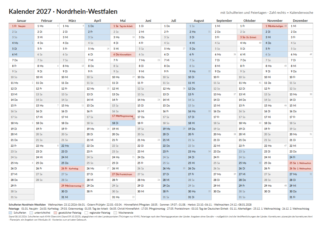 Vorschau: Kalender 2027 Nordrhein-Westfalen im Querformat mit farbig markierten Schulferien und Feiertagen