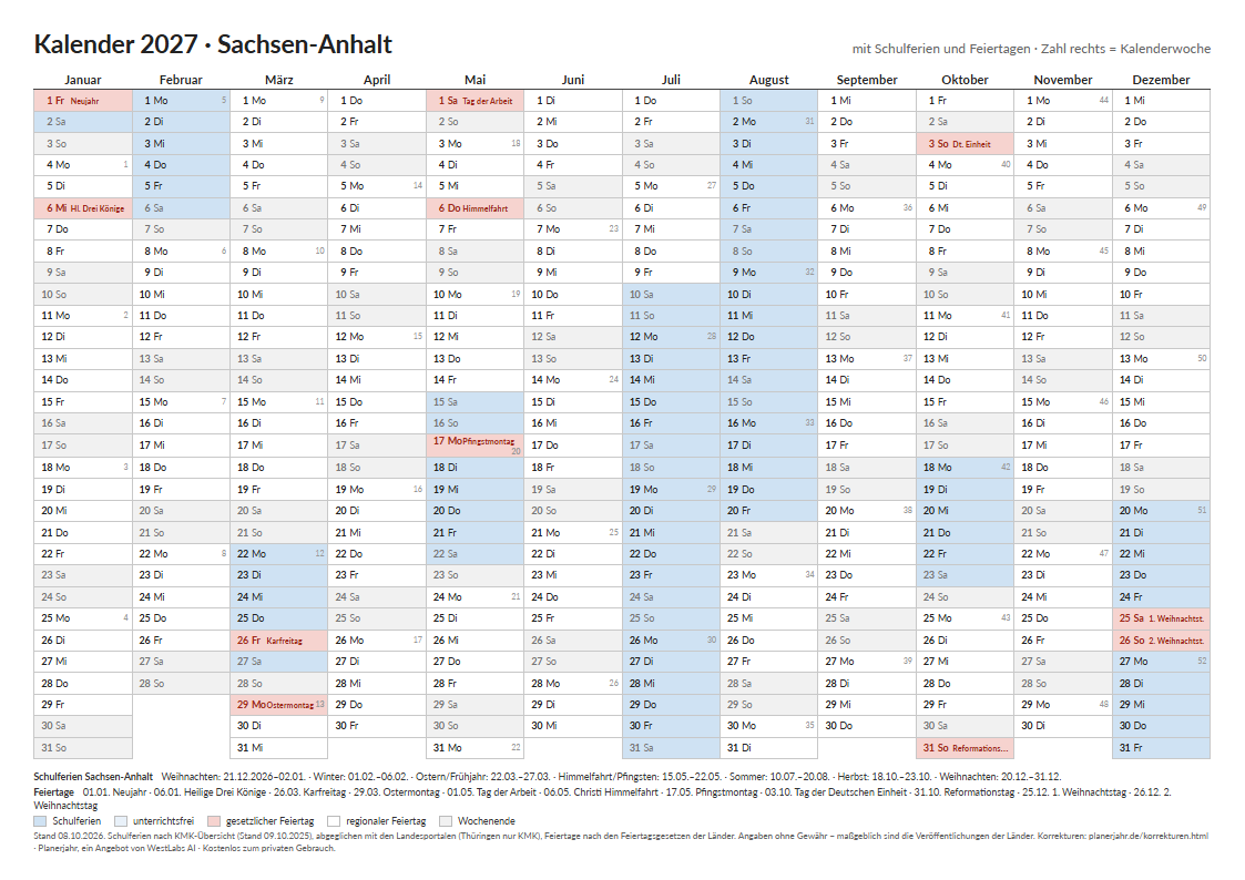 Vorschau: Kalender 2027 Sachsen-Anhalt im Querformat mit farbig markierten Schulferien und Feiertagen