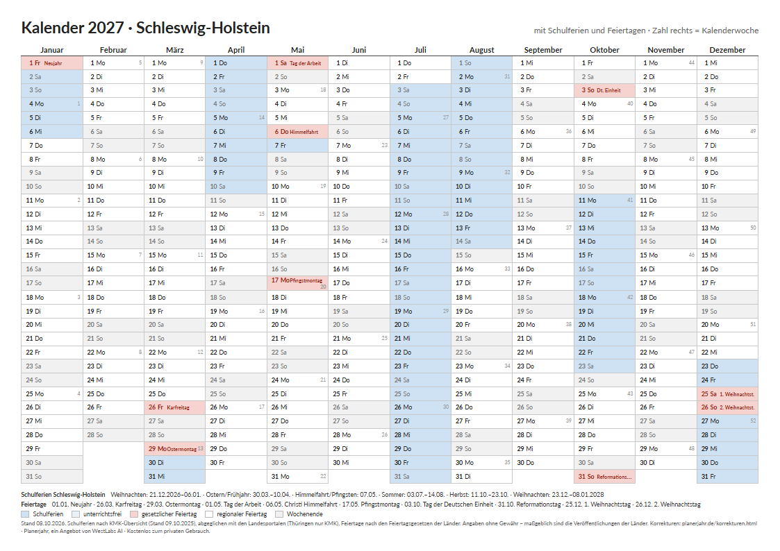 Vorschau: Kalender 2027 Schleswig-Holstein im Querformat mit farbig markierten Schulferien und Feiertagen
